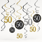 Sparkling Celebration 50th Birthday Swirl Decorations - Gold, Silver, Black (12-Pack)